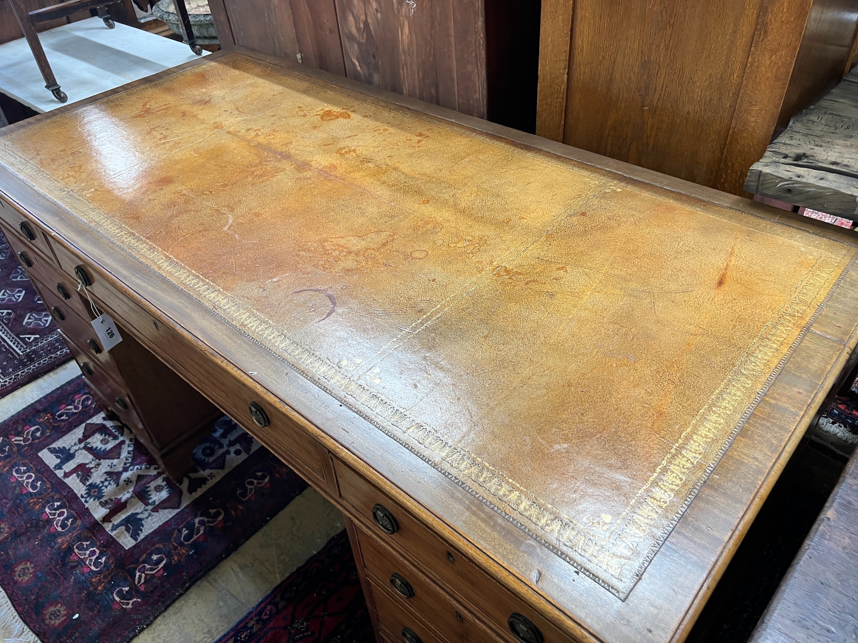 A 19th century and later mahogany pedestal desk, length 152cm, depth 72cm, height 78cm